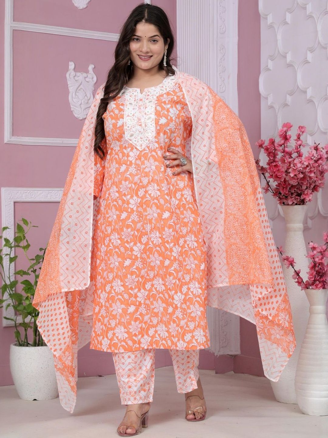 OH MI DIOS Floral Printed Thread Work Pure Cotton Kurta With Pyjamas & Dupatta-picture-45