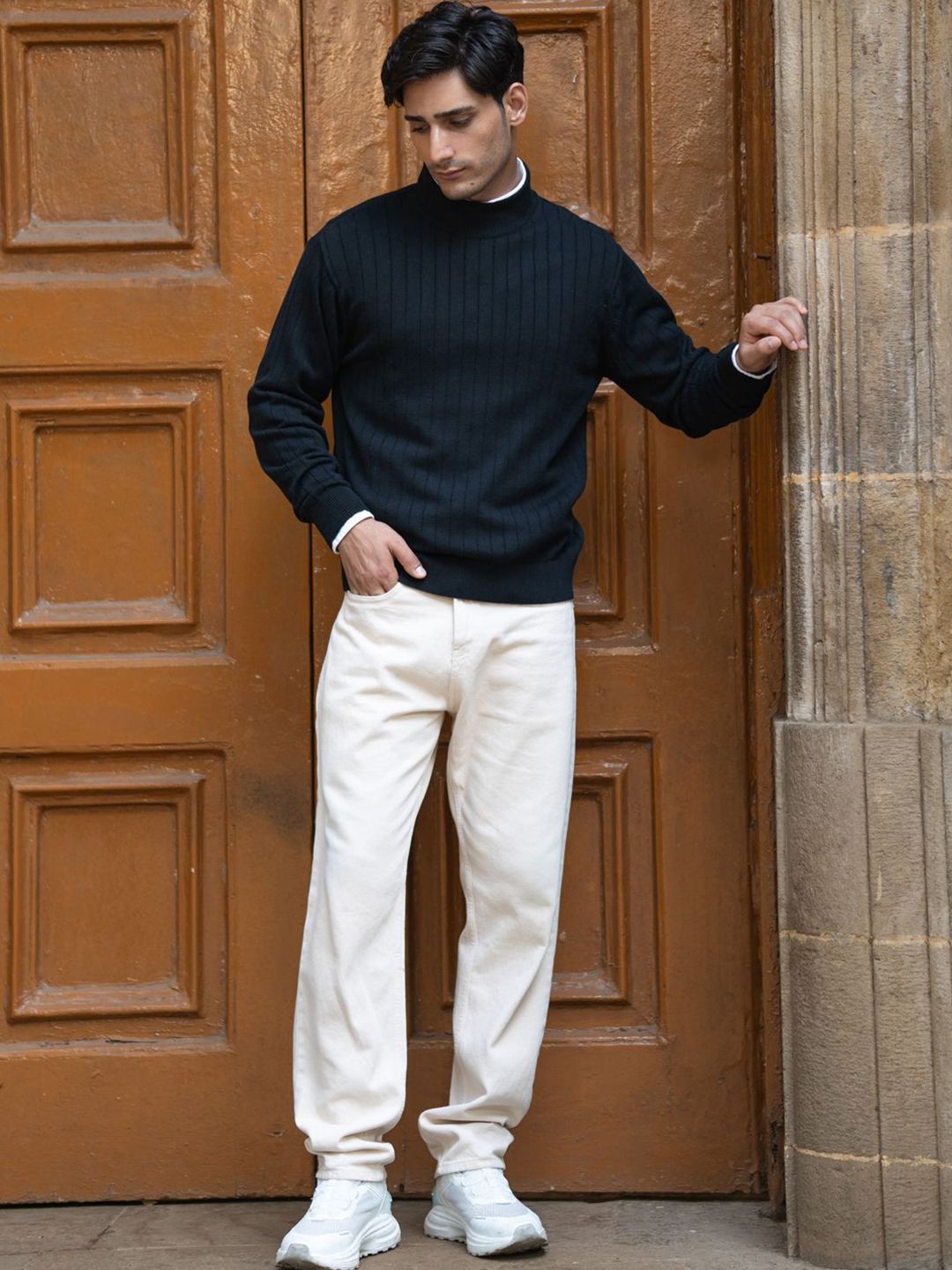 Powerlook Men Black Structure Stripe High Neck Sweater-picture-43