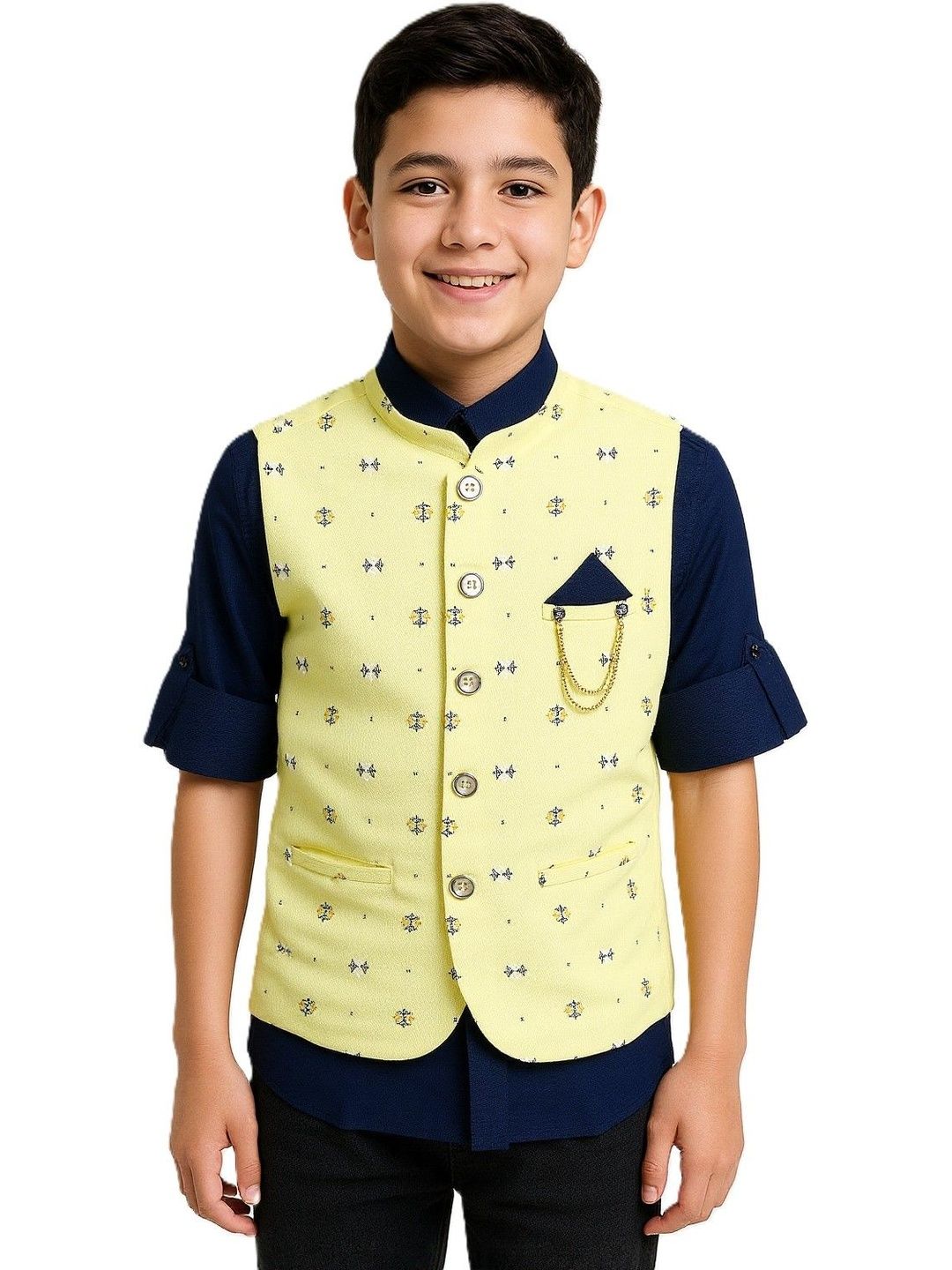 CHARCHIT Boys Printed Mandarin Collar Nehru Jacket With Shirt-image-37
