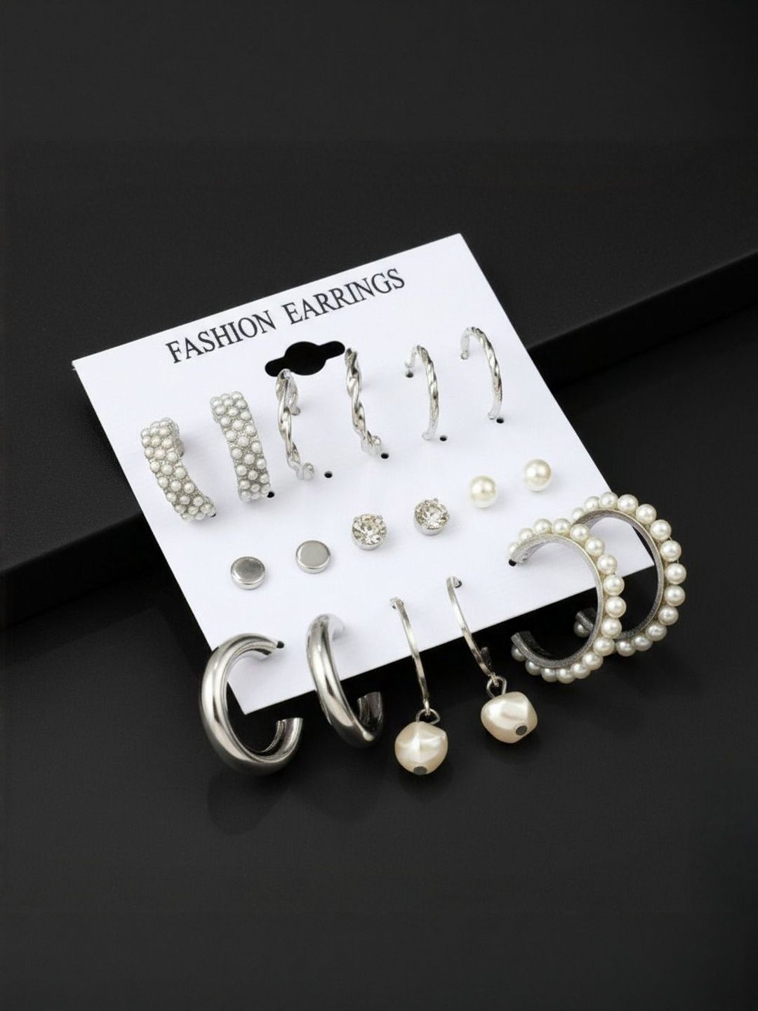 DressBerry Pack of 9 Silver-Plated Pearls Studded Circular Hoop Earrings-picture-53