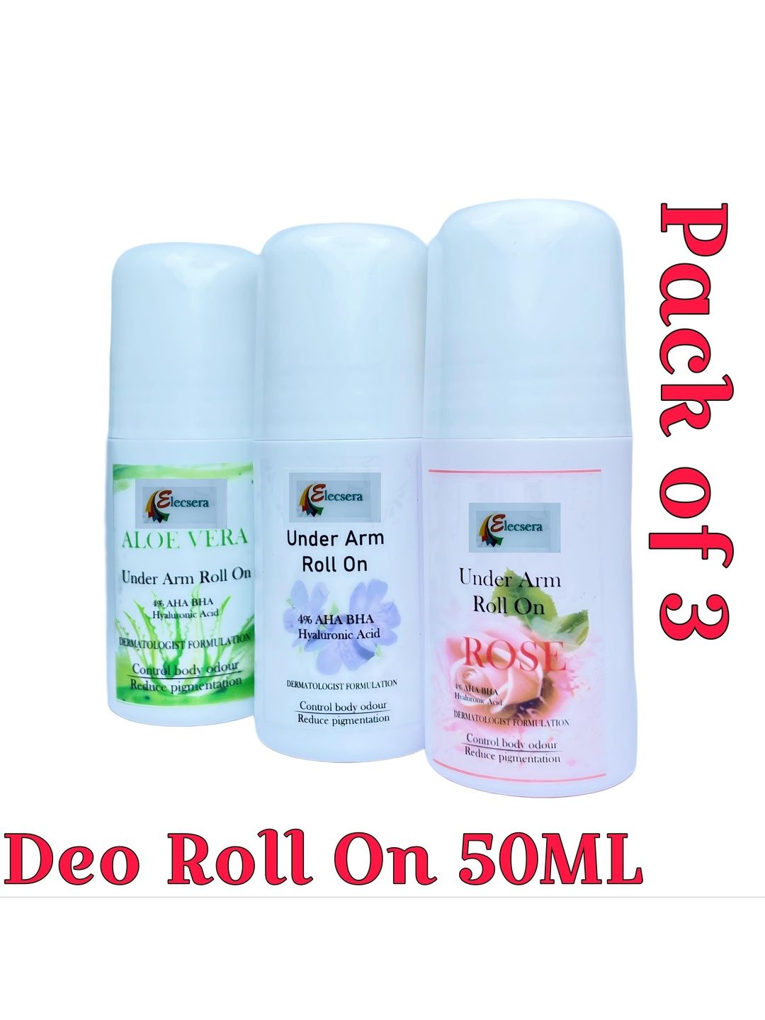 Elecsera Set Of 3 Rose, Lavender & Aloe Vera Long Lasting Underarm Roll On - 50 ml Each-picture-1