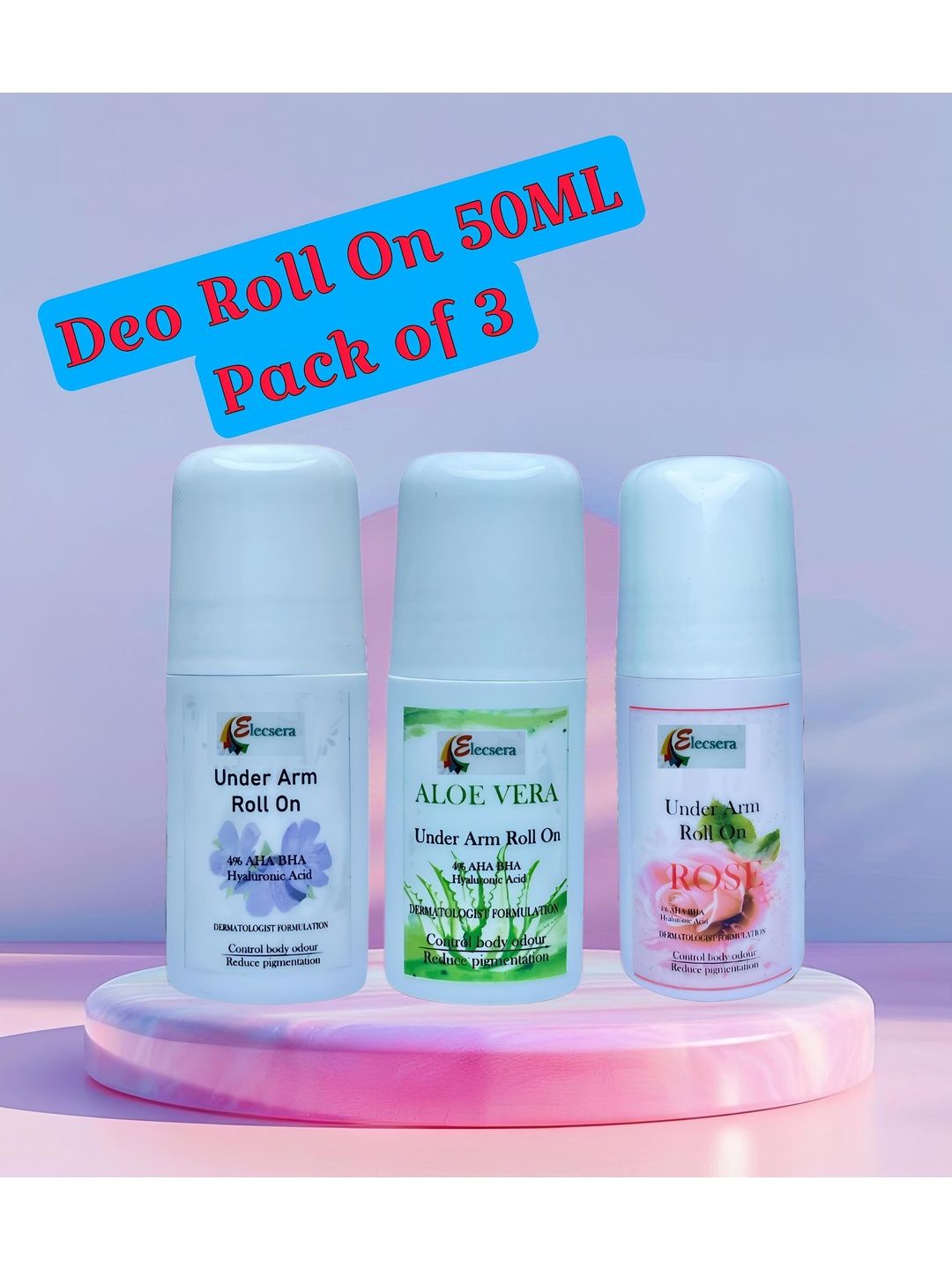 Elecsera Set Of 3 Rose, Lavender & Aloe Vera Long Lasting Underarm Roll On - 50 ml Each-picture-2