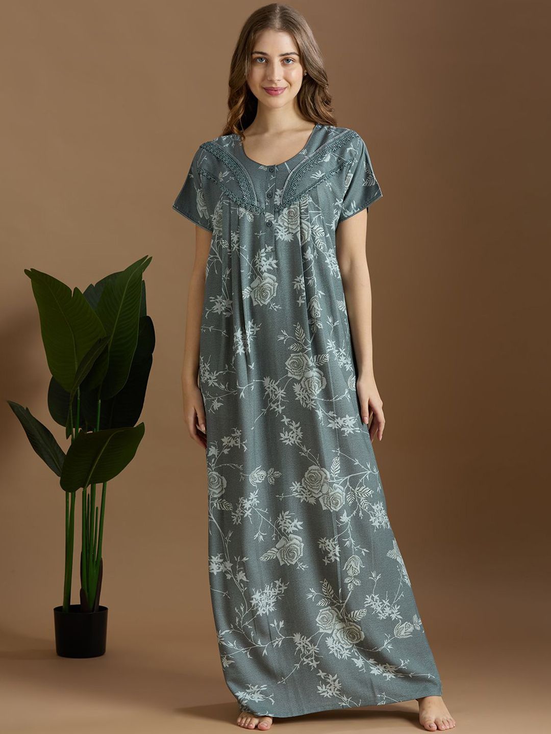 NIGHTSPREE Women Floral Printed Round Neck Maxi Cotton Pletes Nightdress-picture-10