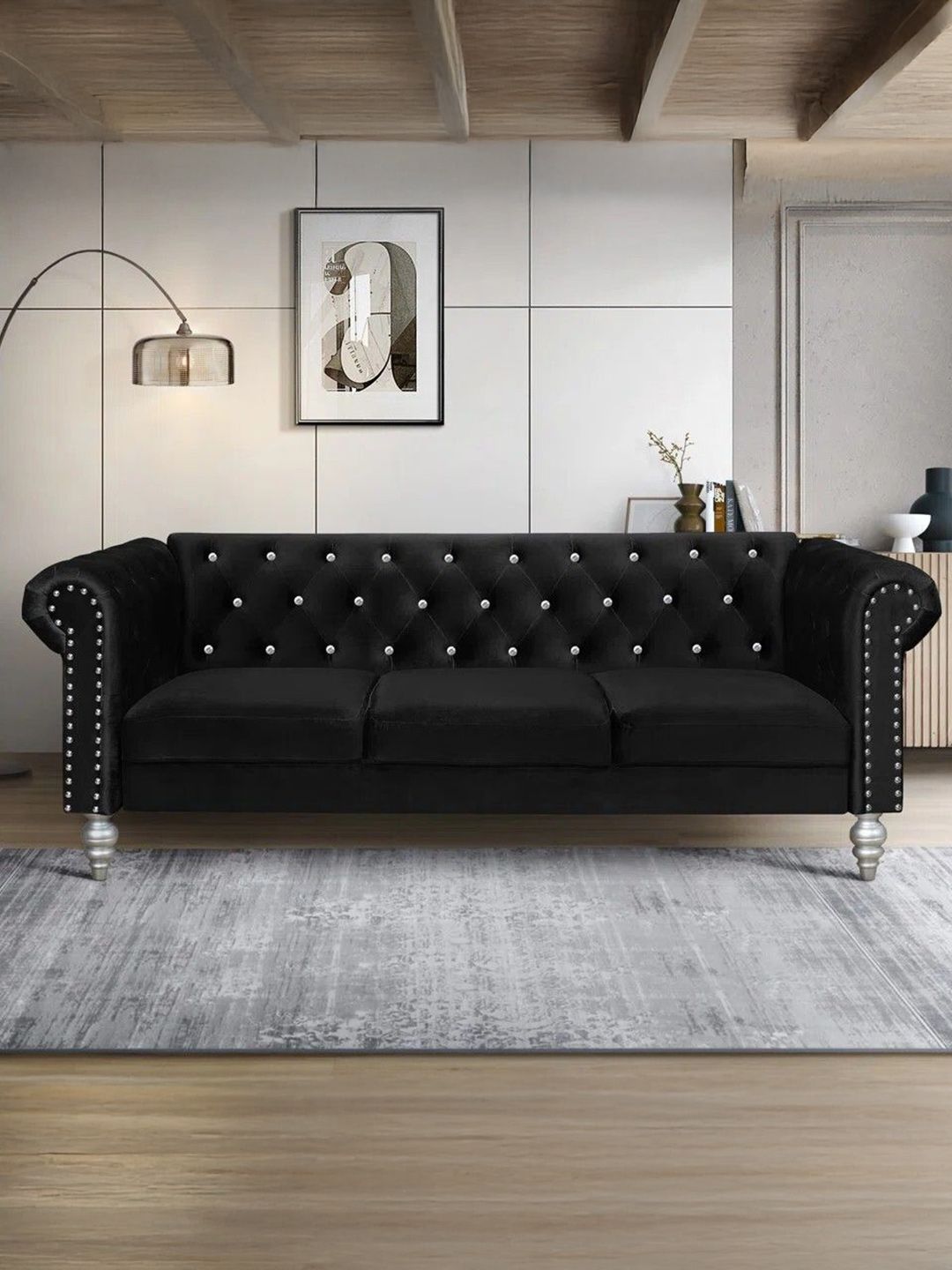 FRIENDS LIFE Black 3 Seater Velvet Tuxedo Design Sofa Loveseat With Armrest