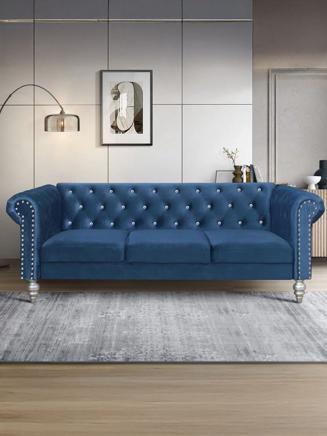 FRIENDS LIFE Blue Velvet Tuxedo Design Sofa Loveseat With Armrest