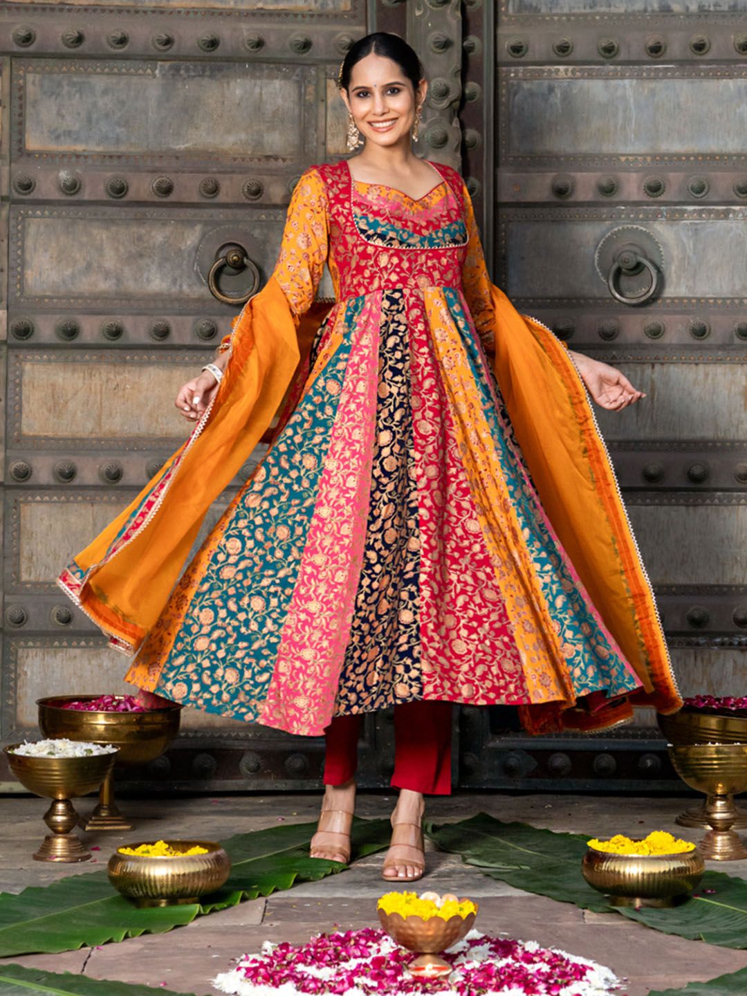 GoSriKi Floral Printed Sweetheart Neck Anarkali Kurta With Trousers & Dupatta-picture-32