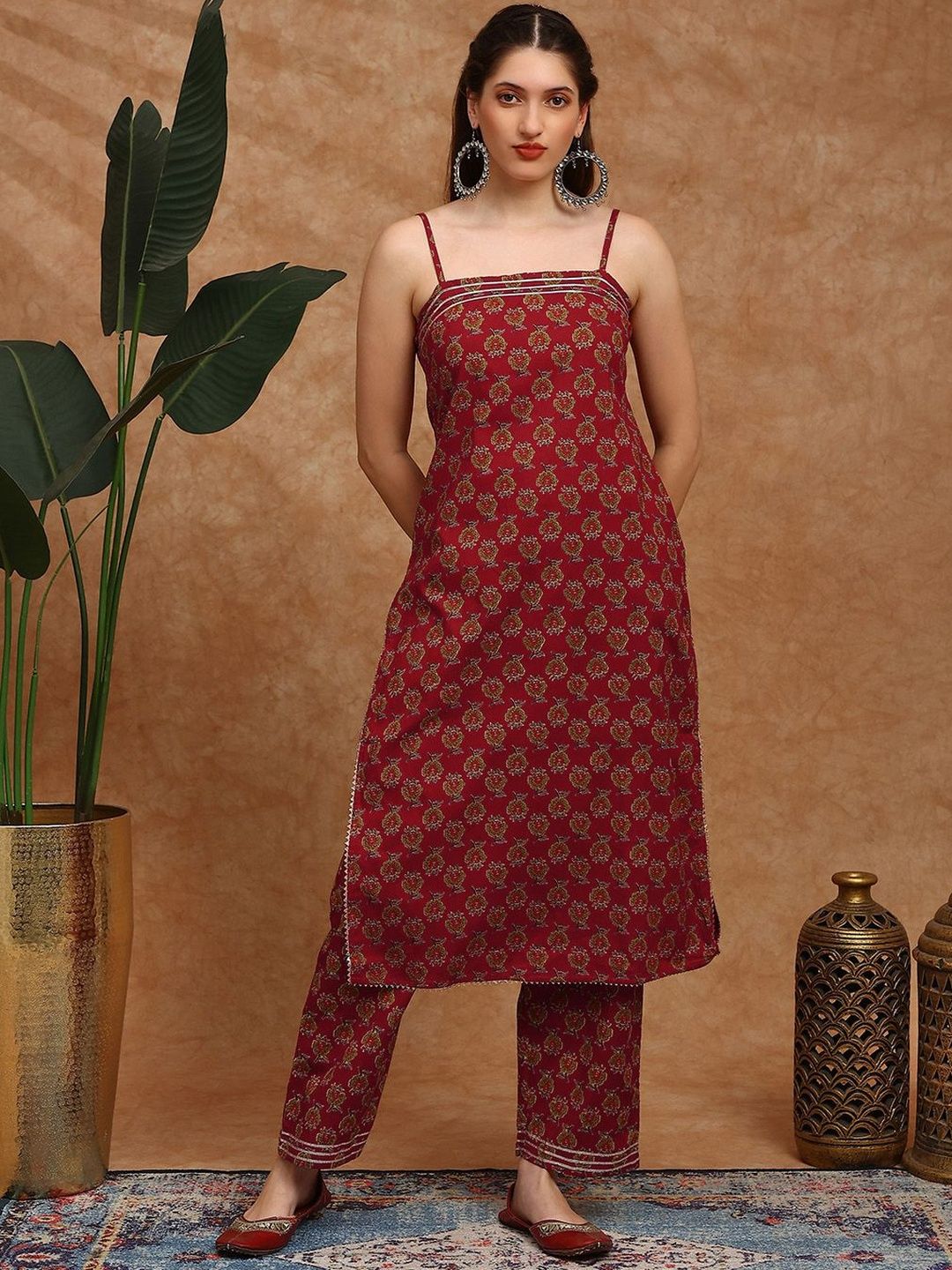 Globus Women Floral Printed Gotta Patti Pure Cotton Kurta with Trousers-picture-36