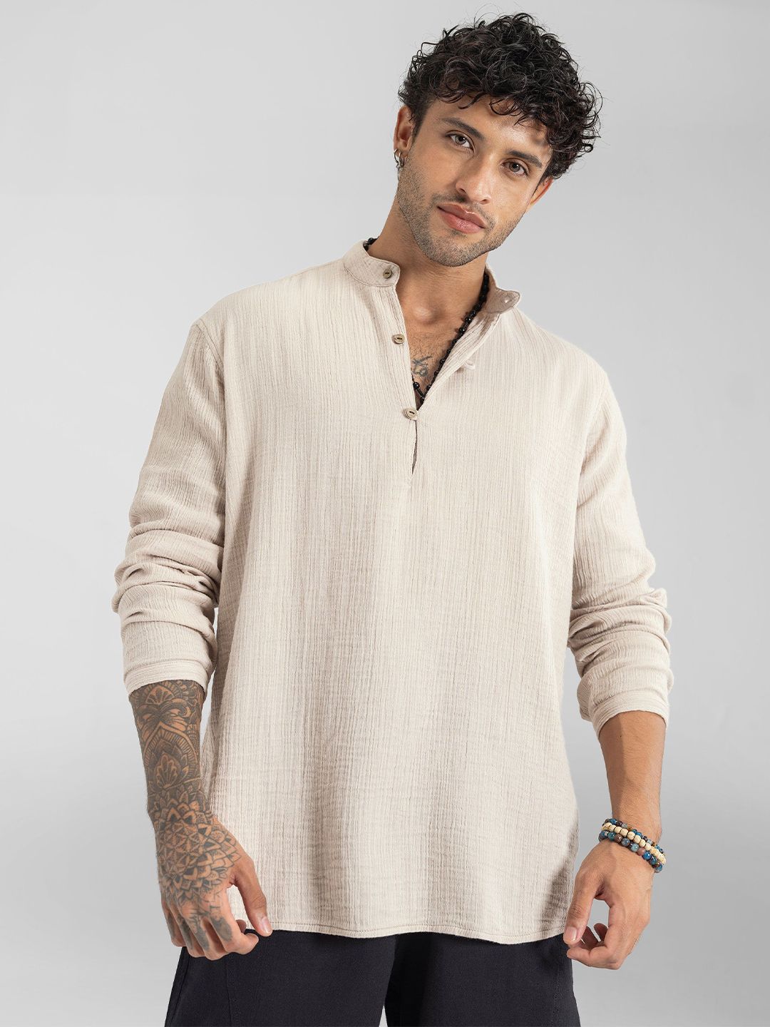 The Veshti Company Striped Self Design Band Collar Long Sleeves Pure Cotton Kurta-picture-41