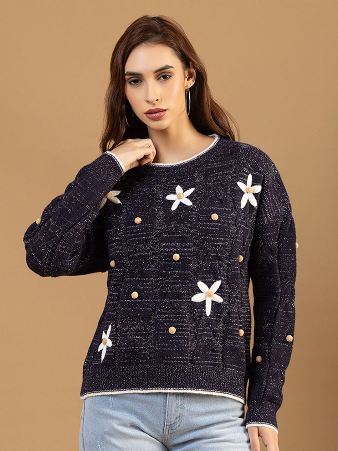 all about you Women Floral Embroidered Round Neck Ribbed Pullover Woollen Sweater-picture-28