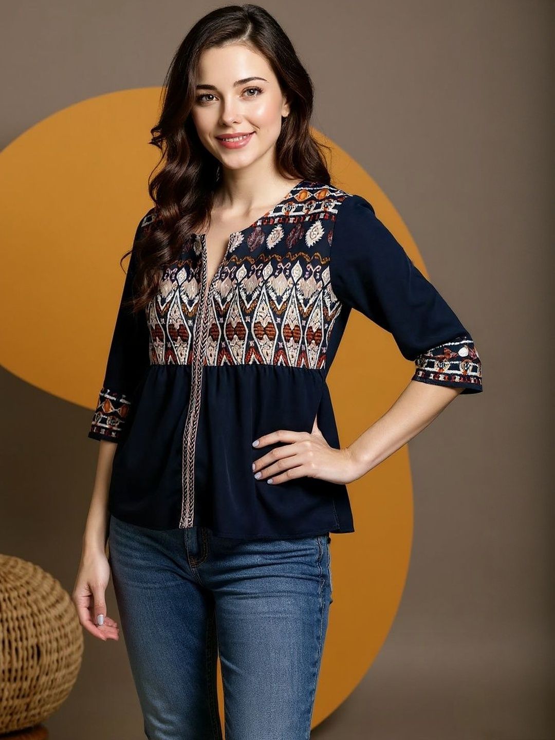 SZN Ethnic Motifs Printed Yoke Crepe Top-image-47
