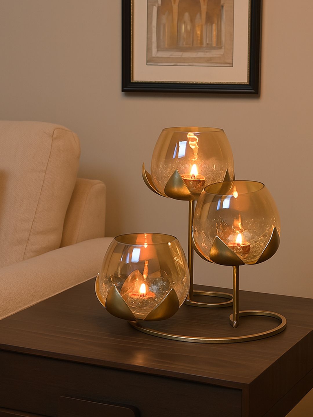 MARKET99 Gold-Toned 3 Votive Lotus Candle Holder-picture-12