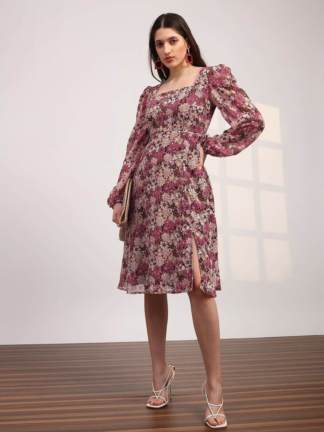 Globus Floral Printed Bishop Sleeves Georgette Fit & Flare Dress-picture-30