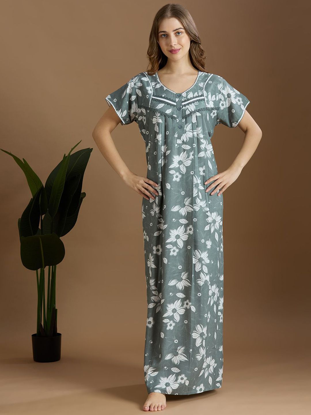 NIGHTSPREE Women Floral Printed Round Neck Maxi Nightdress-picture-14