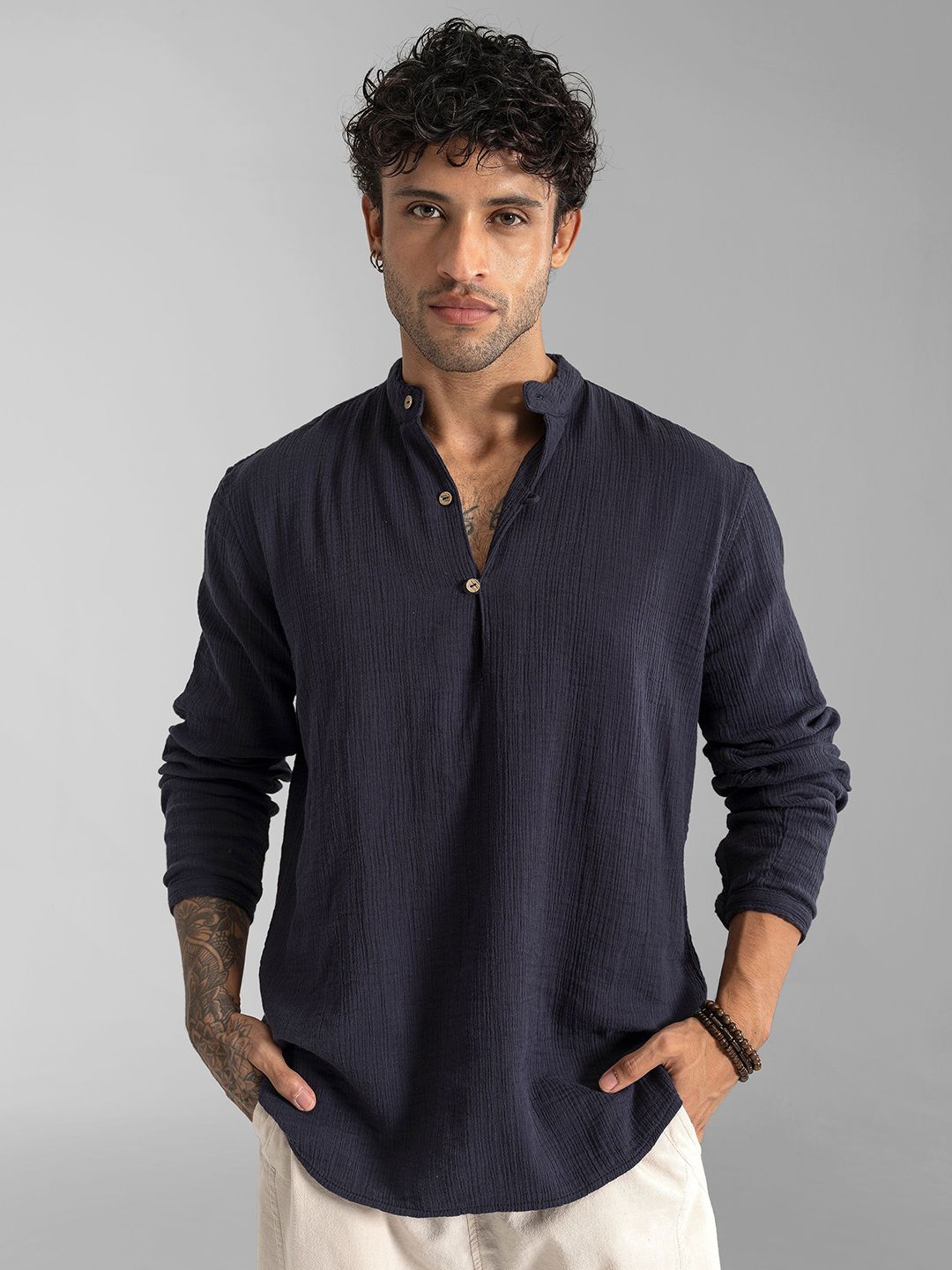 The Veshti Company Striped Self Design Band Collar Long Sleeves Pure Cotton Kurta-picture-22
