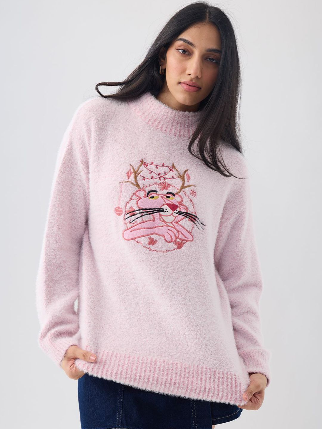 The Souled Store Women Graphic Embroidered Turtle Neck Pink Panther Pullover-picture-42