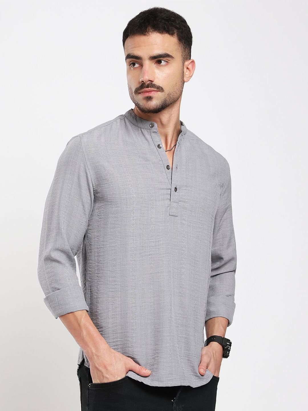 VASTRADO Men Grey Striped Refined Jacquard Thread Work Kurta-picture-22