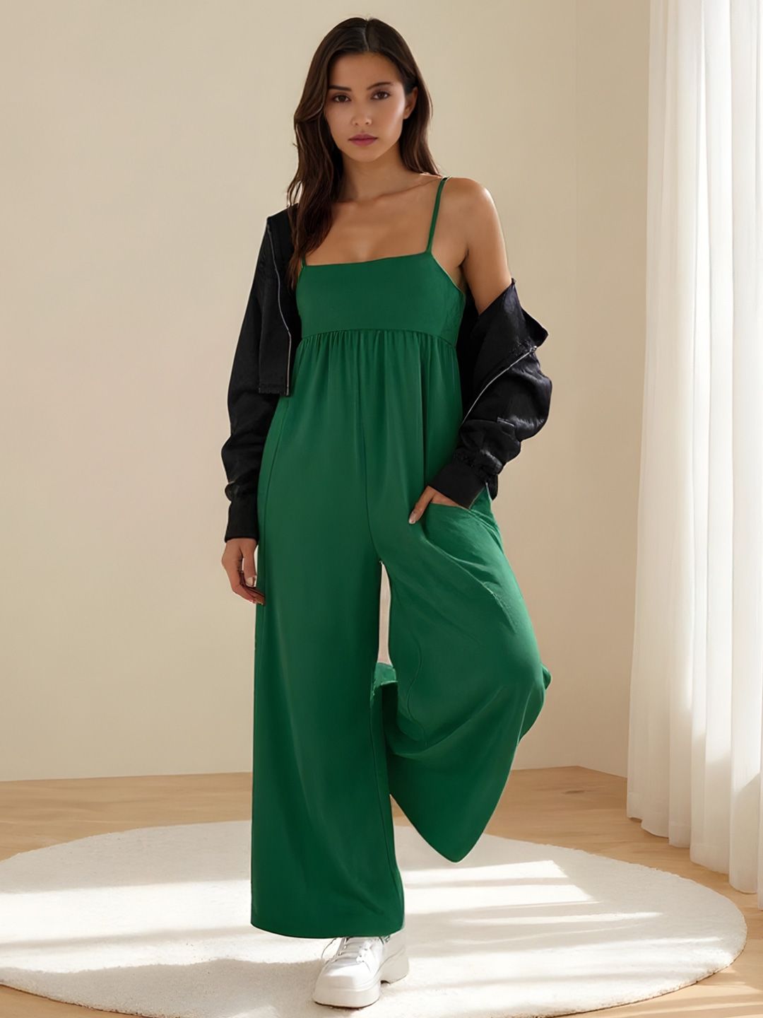 HERE&NOW Green Solid Sleeveless Shoulder Straps Jumpsuit-picture-40