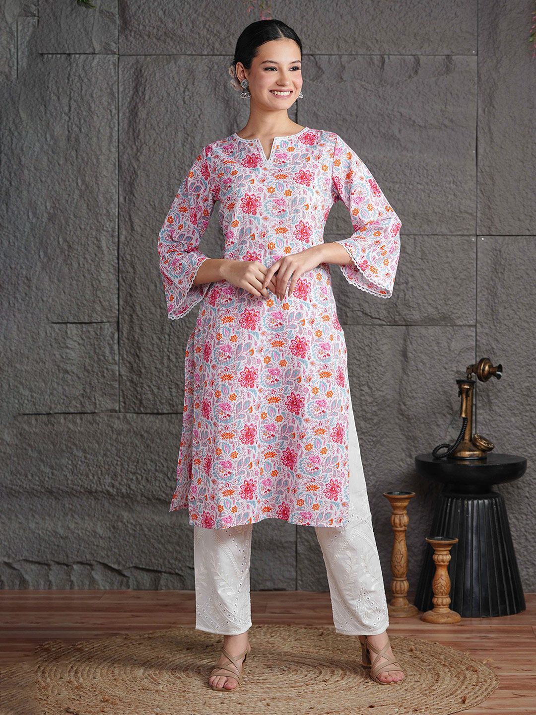 Anouk Women Floral Printed Bell Sleeves Thread Work Floral Kurta-picture-21