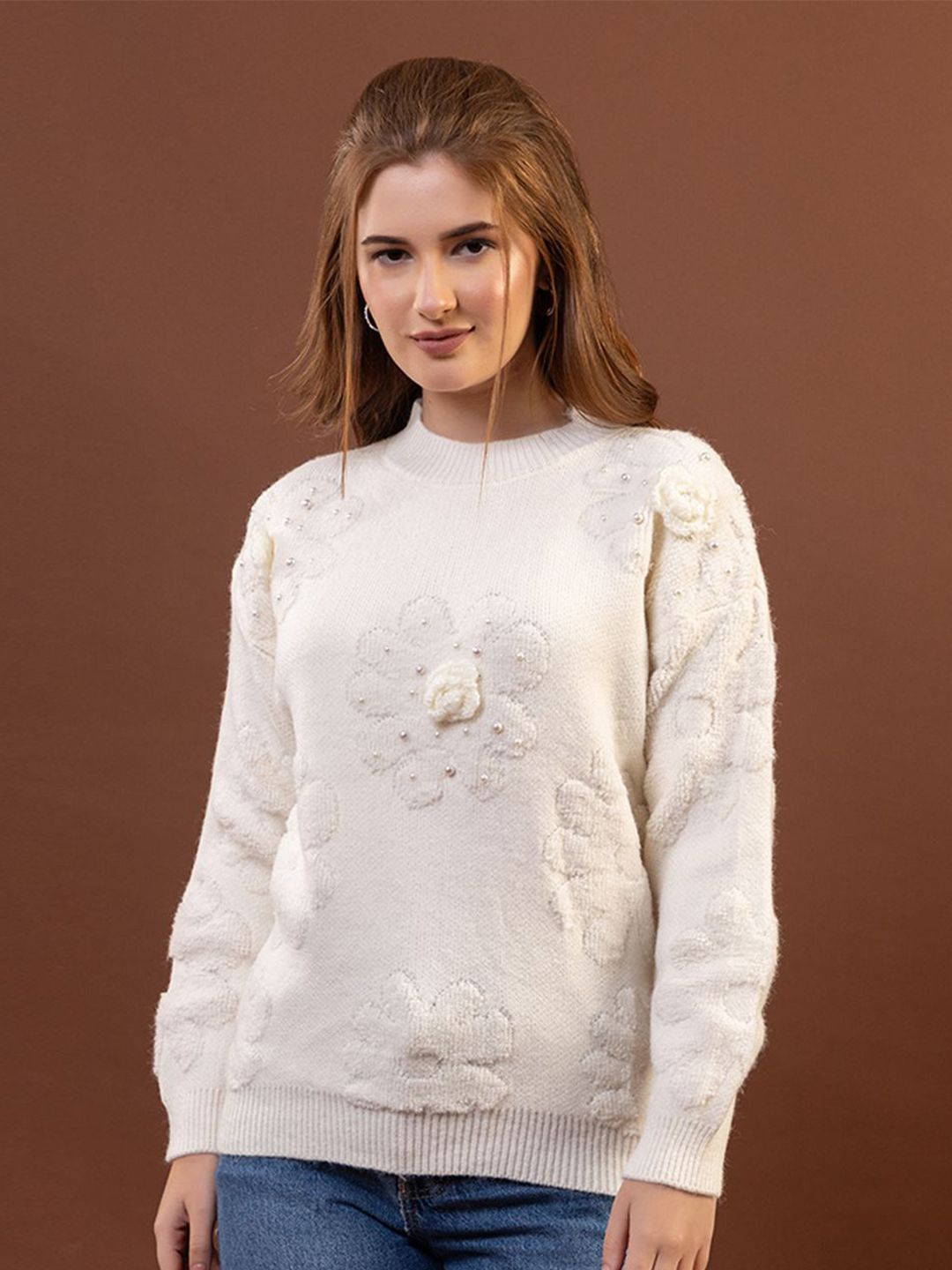 all about you Women Floral Self Design Round Neck Woollen Pullover with Embellished Detail-picture-32