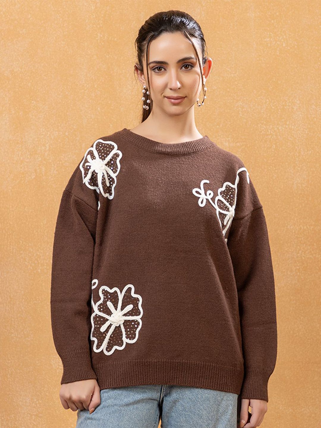 all about you Women Floral Embroidered Round Neck Ribbed Pullover Woollen Sweater-picture-29