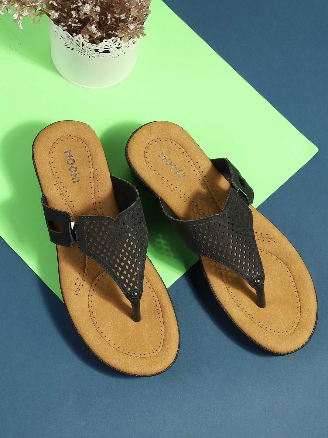 Mochi Women Textured Synthetic T-Strap Flats with Laser Cuts-picture-37