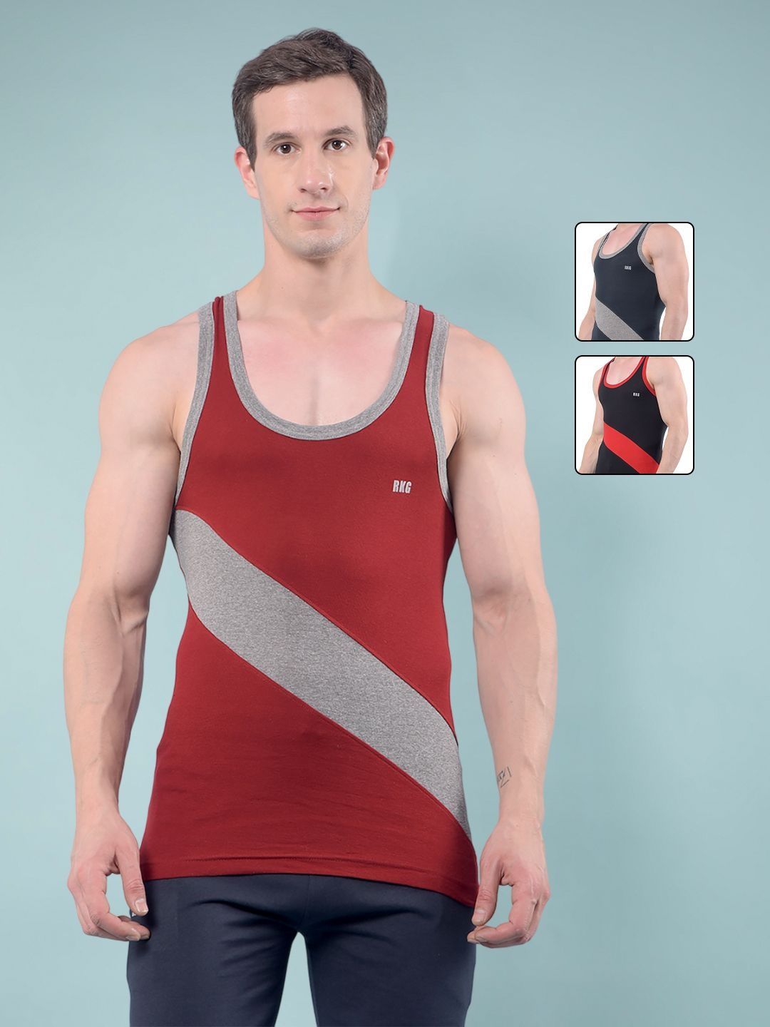 RKG Men Pack Of 3 Assorted Colourblocked Round Neck Sleeveless Cotton Gym Vests-image-1