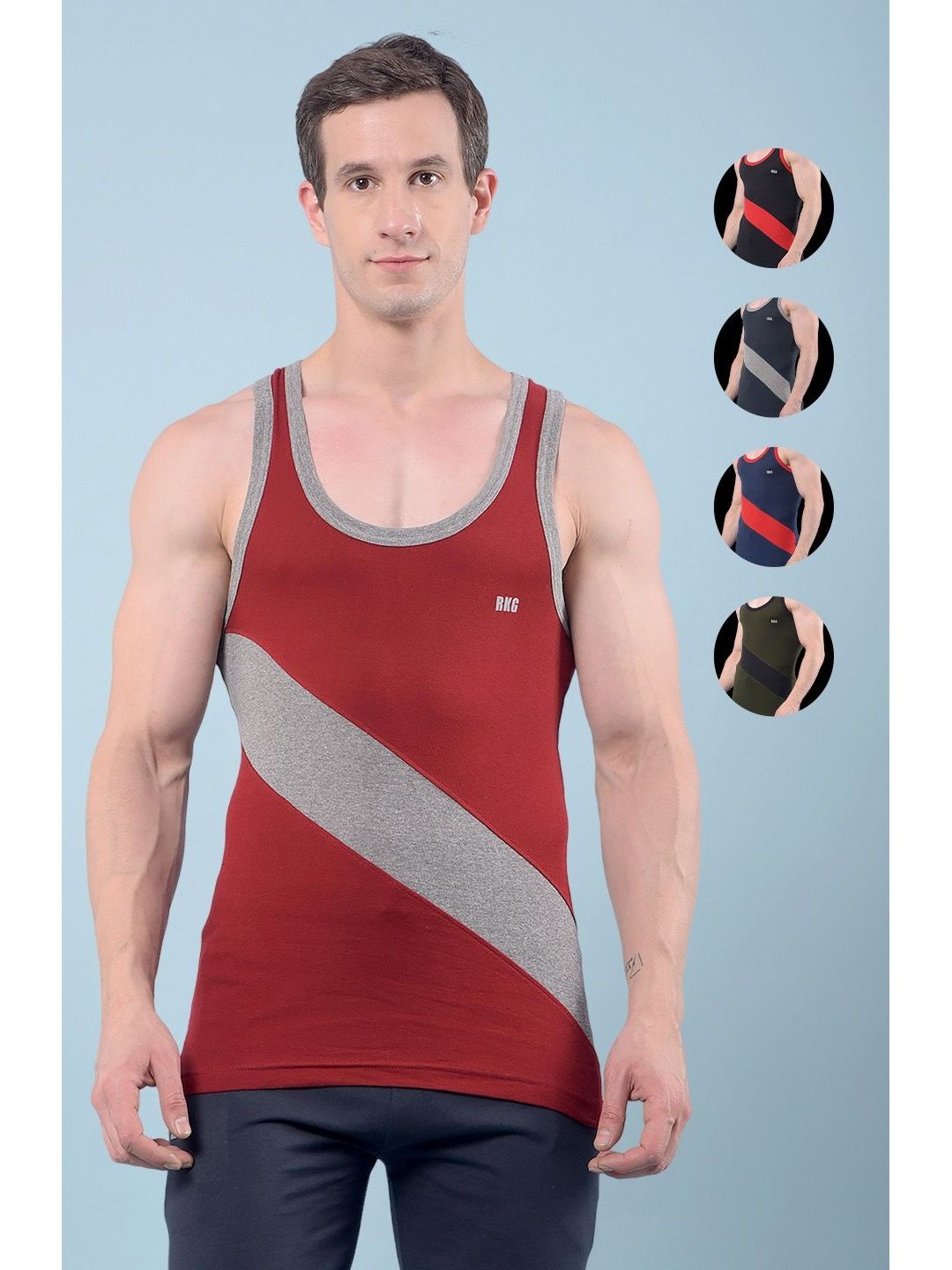 RKG Pack Of 5 Colourblocked Scoop Neck Sleeveless Cotton Gym Vests-picture-54