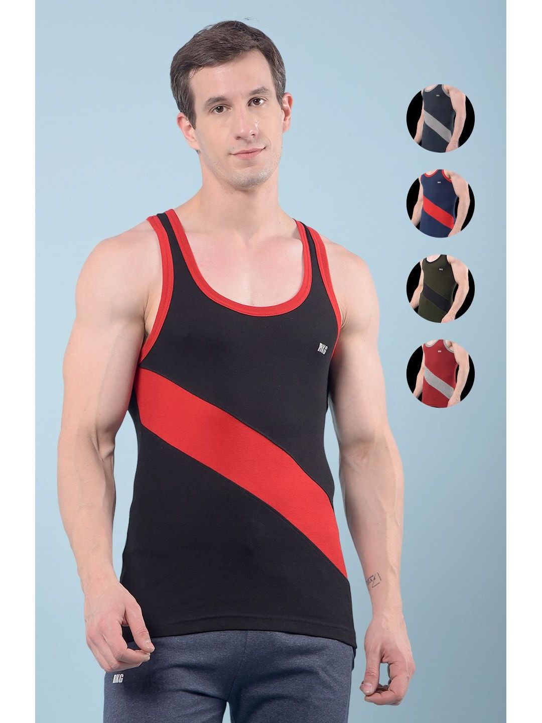RKG Pack of 5 Assorted Colourblocked Scoop Neck Cotton Gym Vests-picture-25