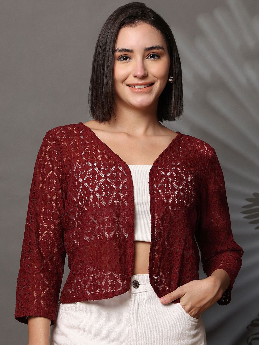 UnaOne Self Design Embroidered V-Neck Pure Cotton Shrug-picture-26
