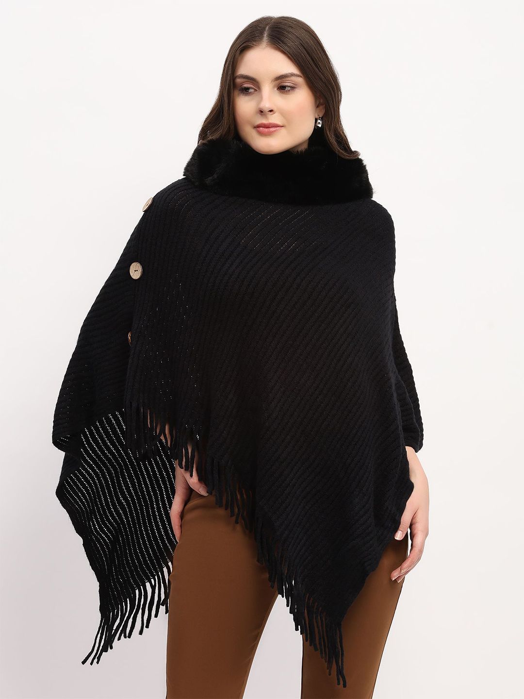 Global Republic Women Self Design High Neck Poncho with Fuzzy Detail-picture-30