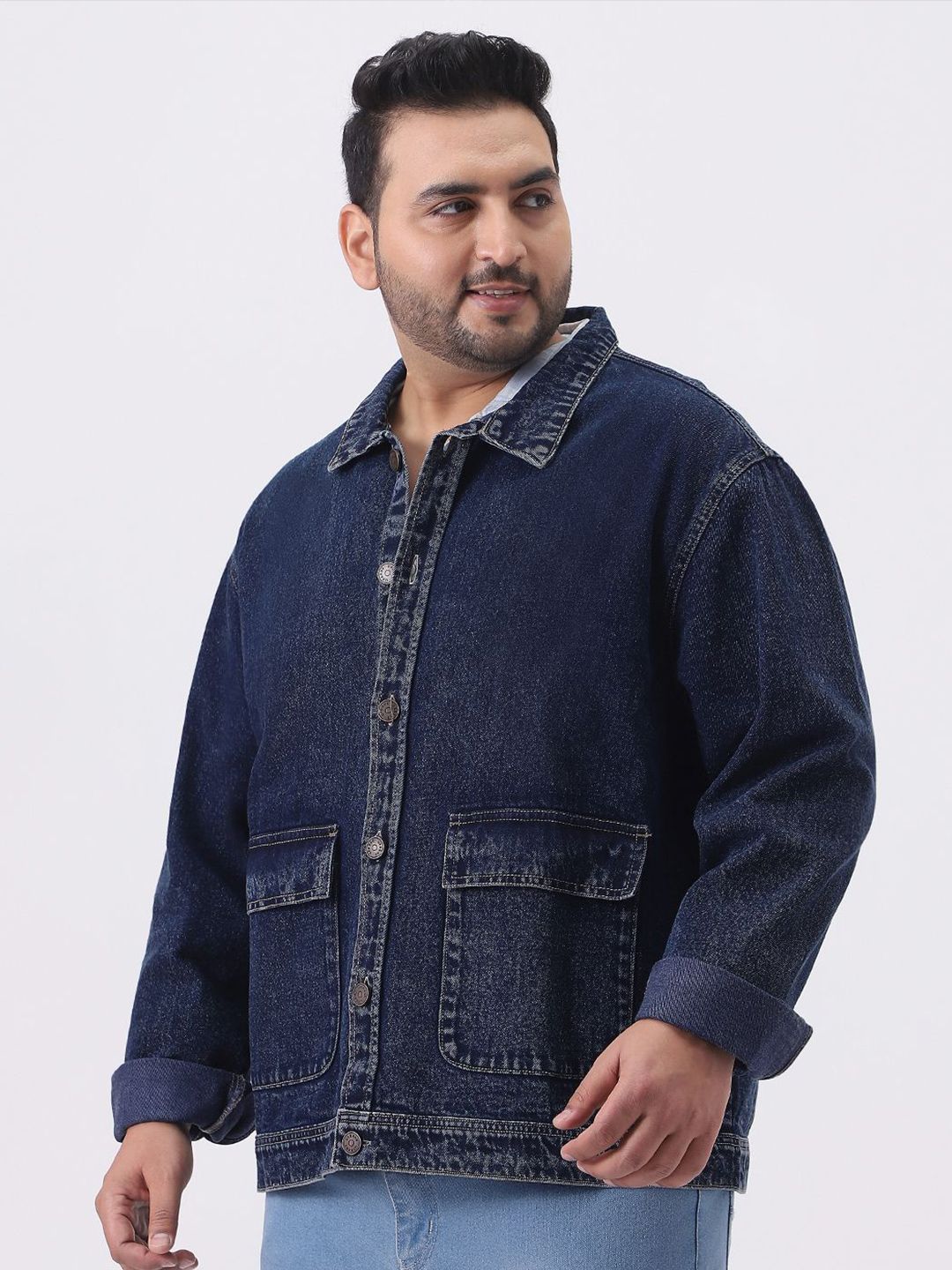 Urbano Plus Men Plus Size Spread Collar Solid Denim Jacket-picture-41