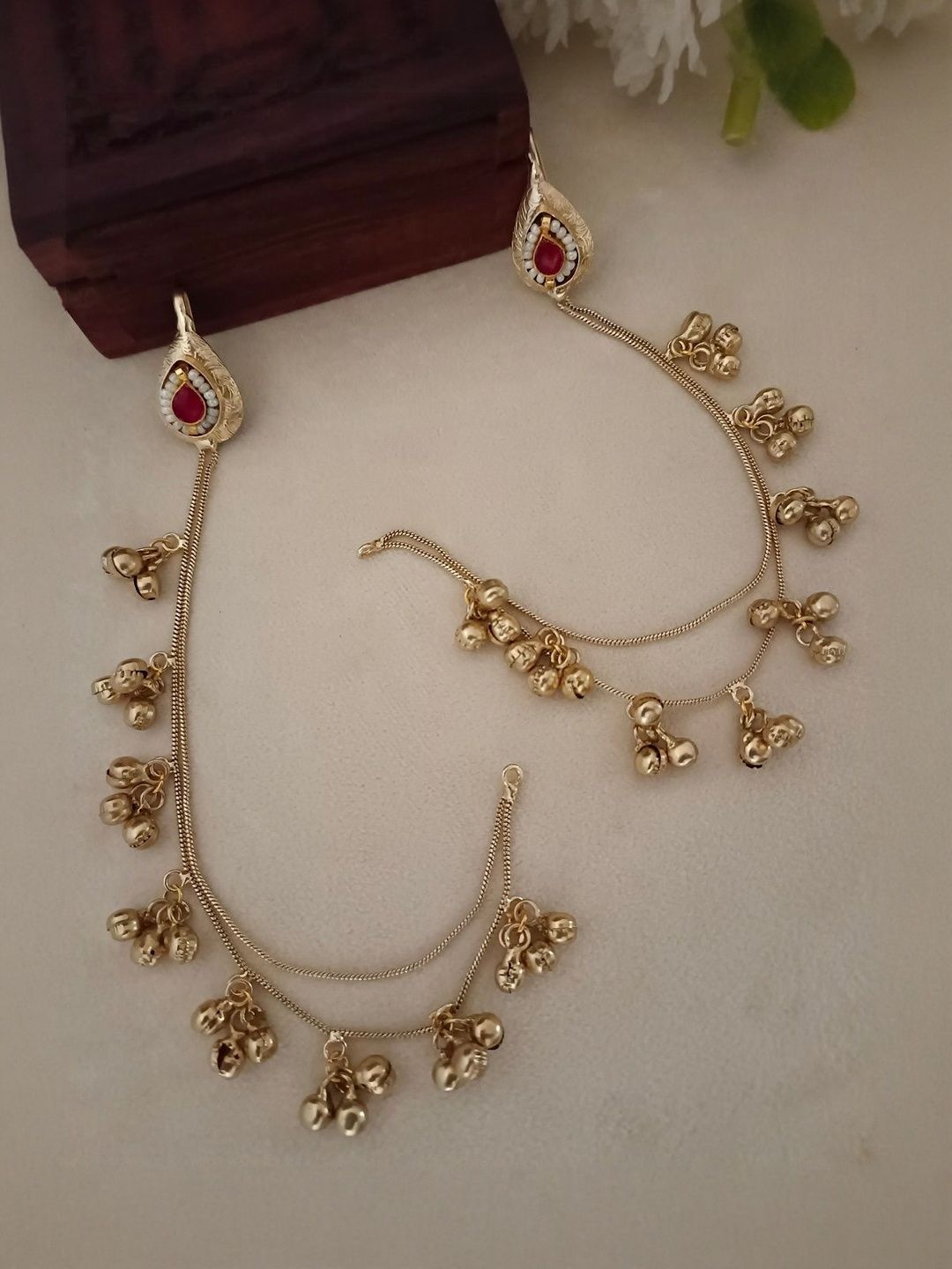 Sanjog Gold Plated Pachi Kundan & Ghungaroo Studded Kashmiri Ear Chain Earrings-picture-43