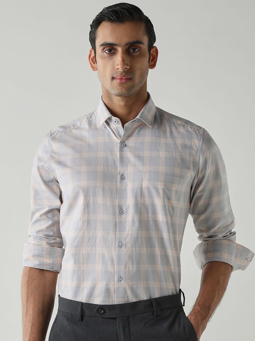 Reid & Taylor Comfort Slim Fit Checked Spread Collar Pure Cotton Formal Shirt-picture-20