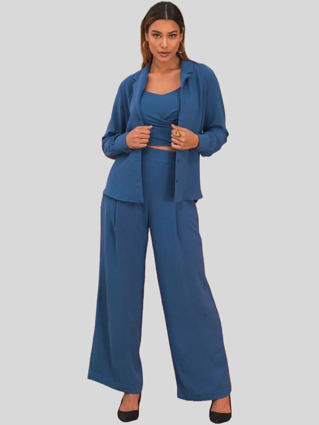 Chemistry Women Solid Shirt Collar Long Sleeves Top With Trousers & Shrug Co-Ords-picture-38