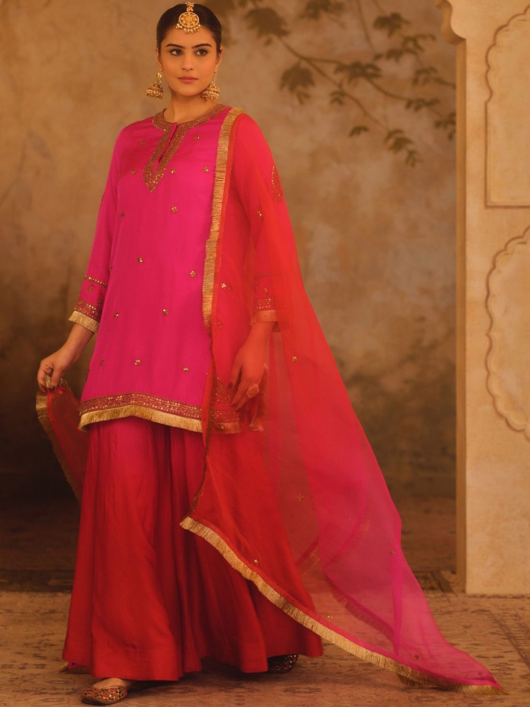 AFRIYA Women Ombre Embroidered Regular Zardozi Chanderi Silk Kurti with Palazzos & With Dupatta-image-49