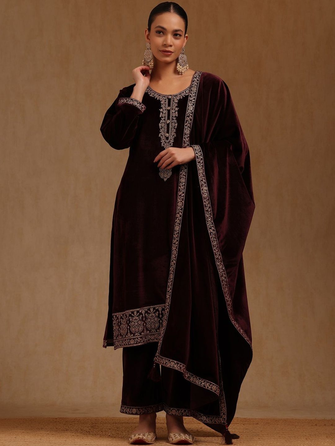 Soch Women Ethnic Motifs Embroidered Regular Thread Work Velvet Kurta with Trousers & With Dupatta-picture-37