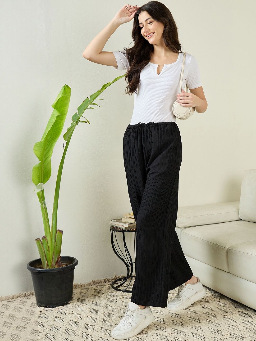 JUNE & HARRY Women Textured Striped Relaxed Trousers-picture-20