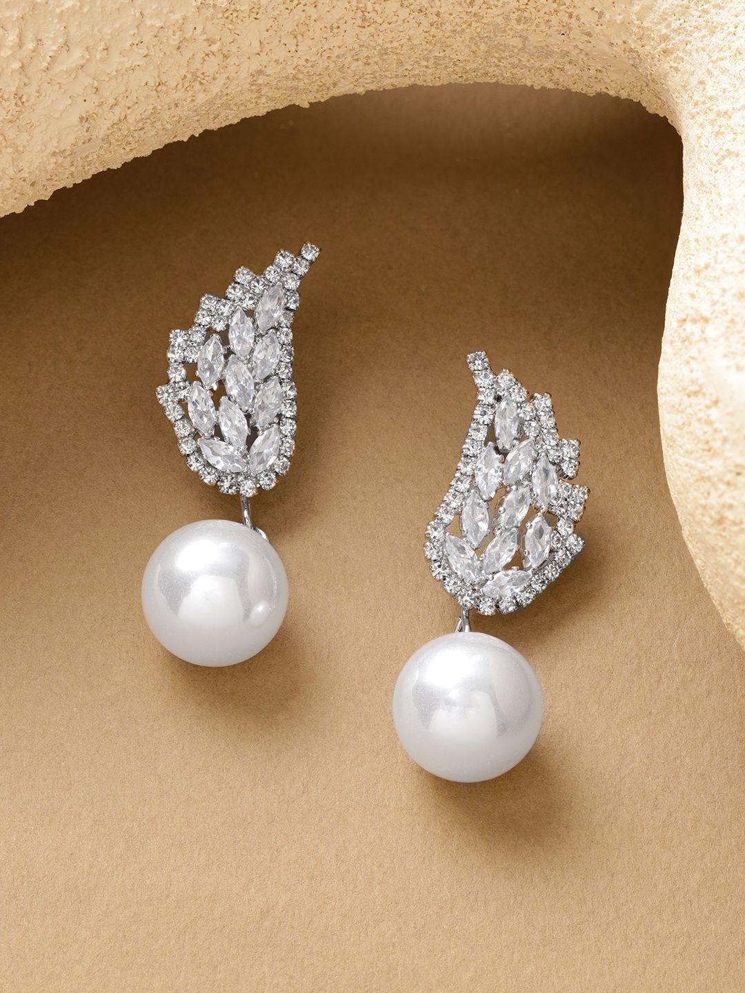 Rubans Rhodium-Plated Brass Crystal AD Wing Stud & White Pearl Drop Earrings-image-24