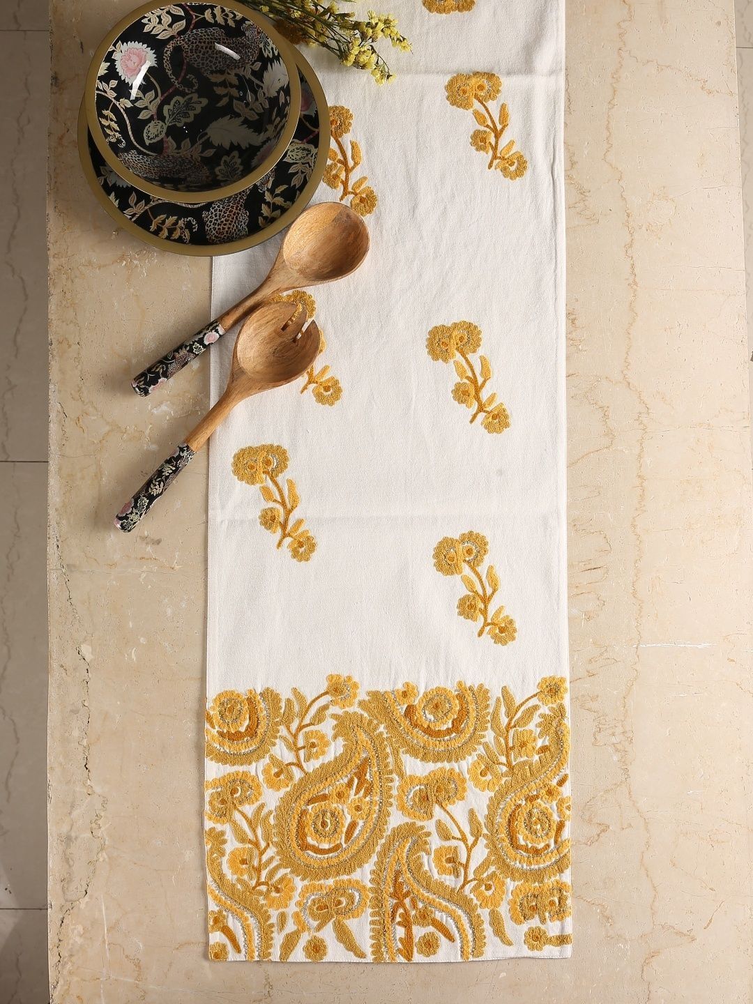 Revive Home White & Yellow Embroidered & Embellished Table Runner-picture-16