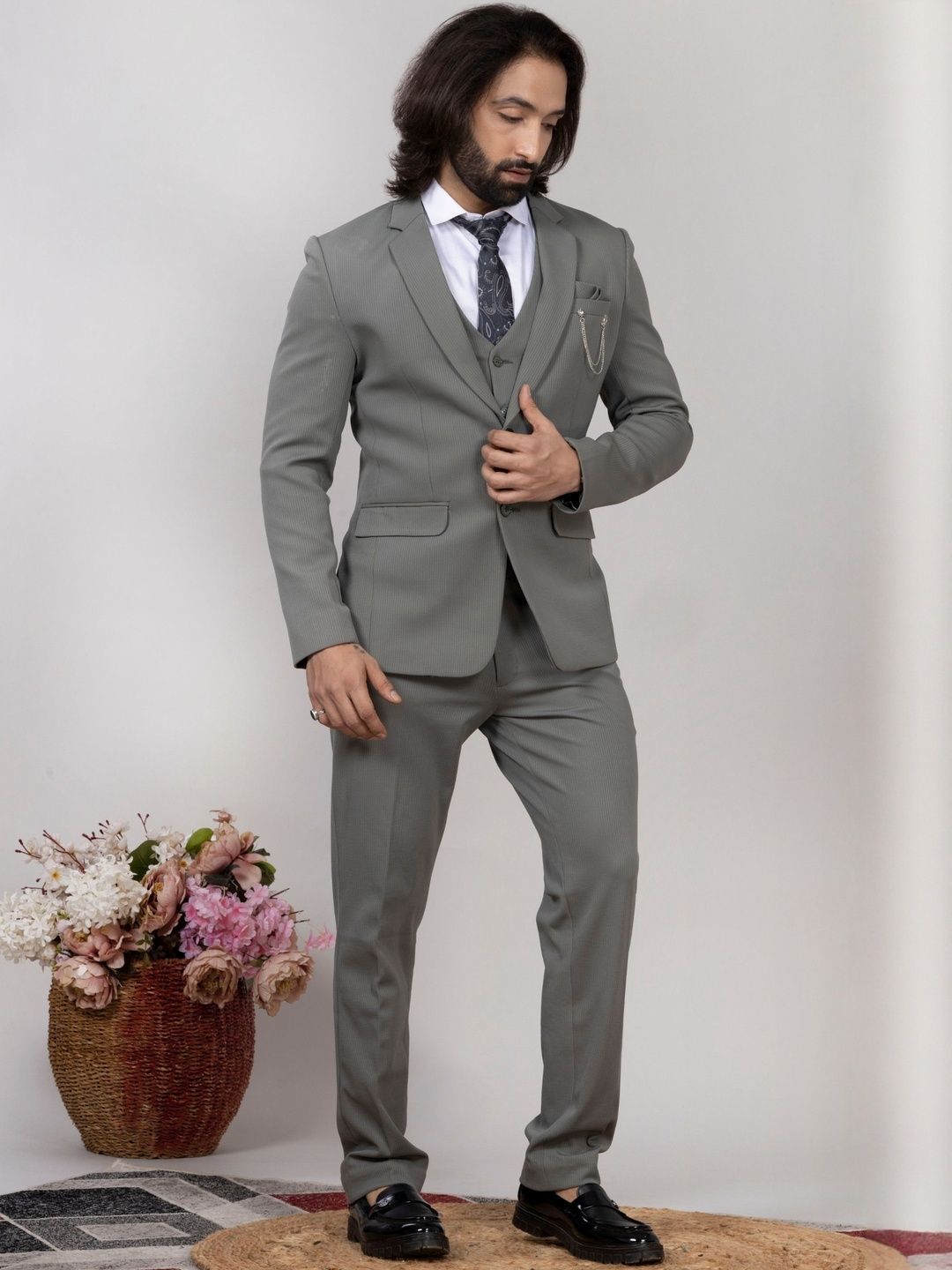 AEN FASHION Men Knitted Textured Double-Breasted Three-Piece Suit-picture-28