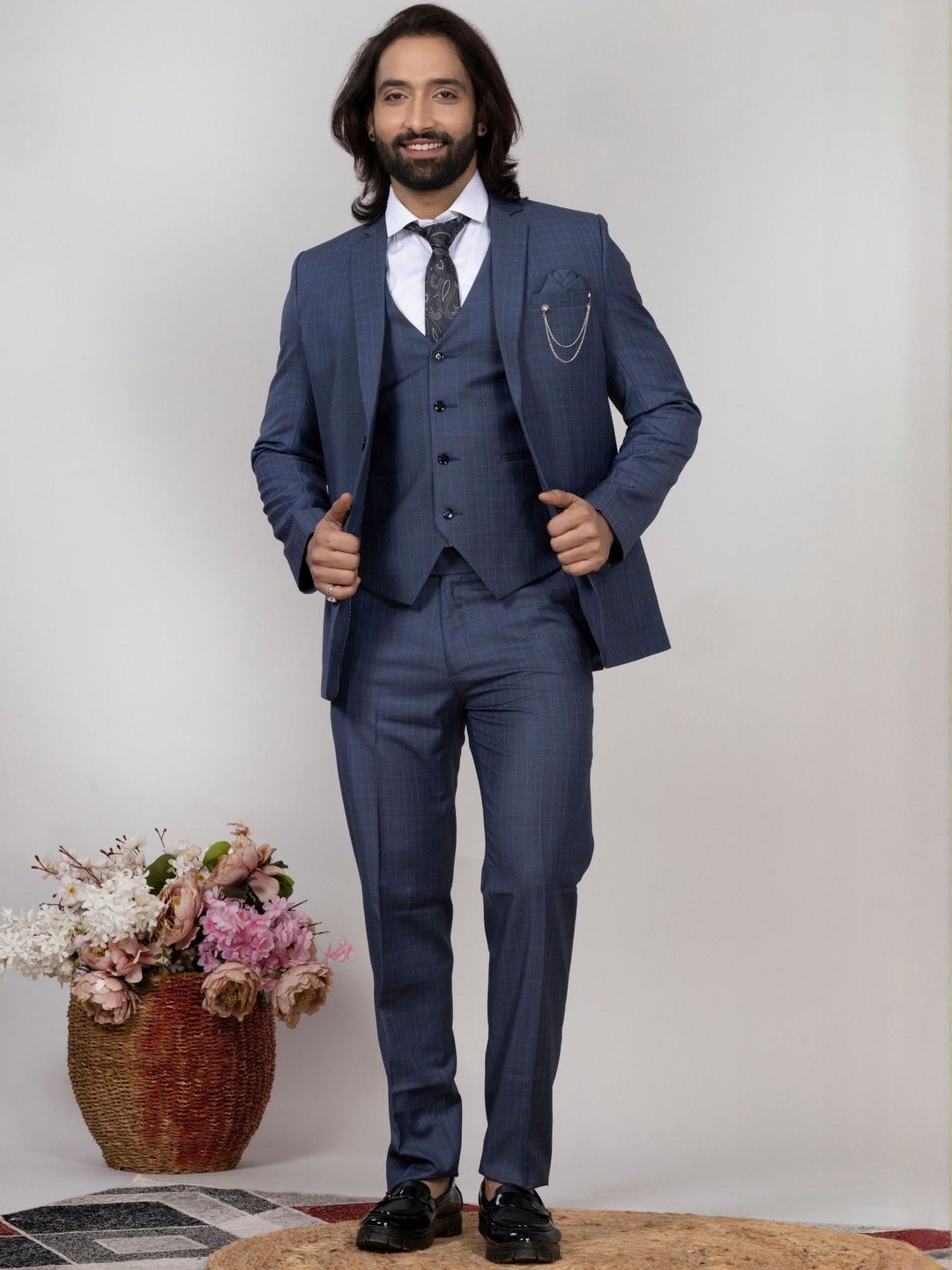 AEN FASHION Men Solid Notched Lapel Slim Fit Slim-Fit Three-Piece Suit-picture-25
