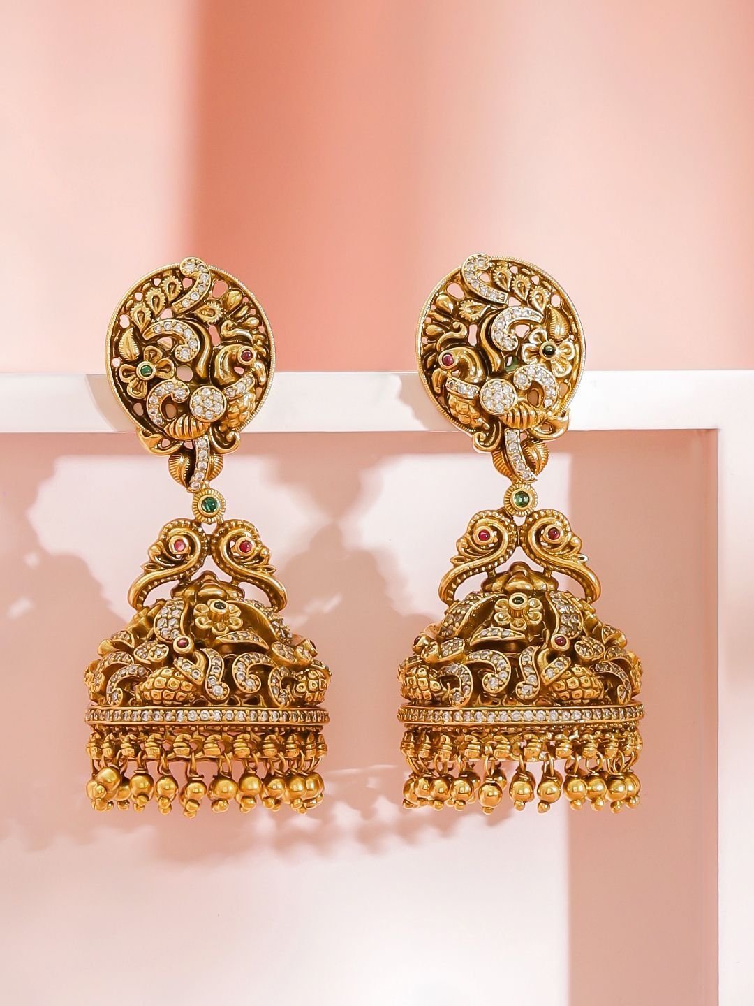 Rubans 24K Gold-Plated White CZ Ruby & Green Stone Carved Floral Jhumka Earrings-picture-42