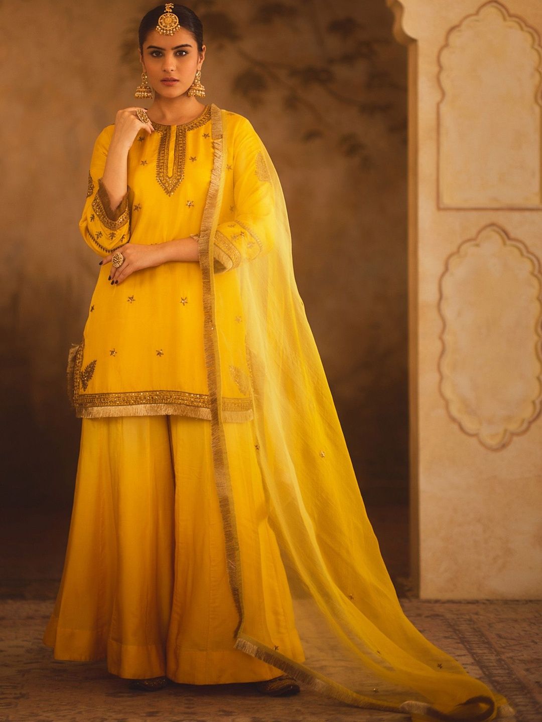 AFRIYA Women Ethnic Motifs Embroidered Regular Sequinned Chanderi Silk Kurta with Palazzos & With Dupatta-image-42
