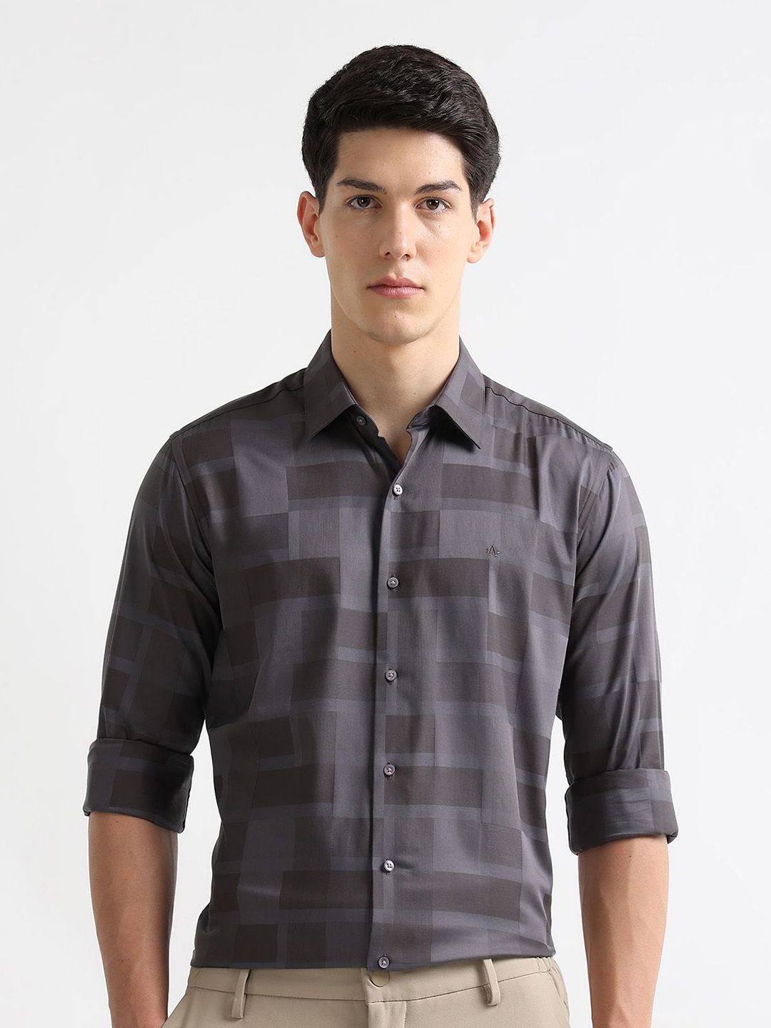Arrow New York Geometric Printed Spread Collar Roll-Up Sleeves Slim Fit Shirt-picture-31