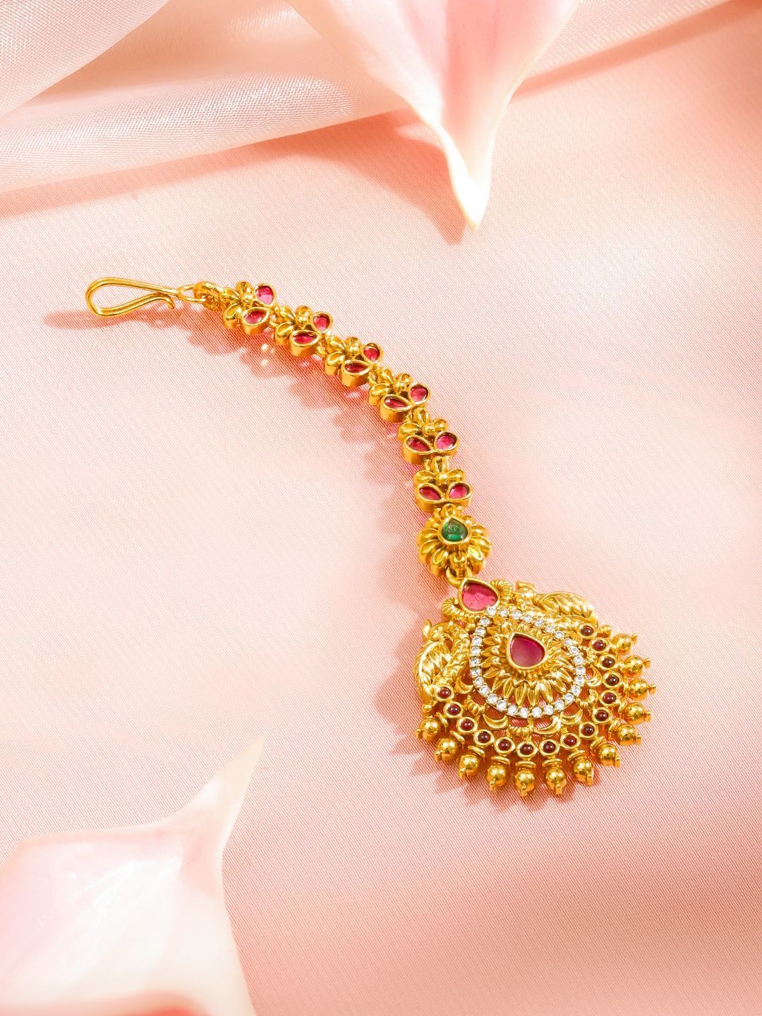 Rubans 22K Gold-Plated Ruby Red & Emerald Green Cubic Zirconia Stones & Beaded Maang Tikka-picture-10