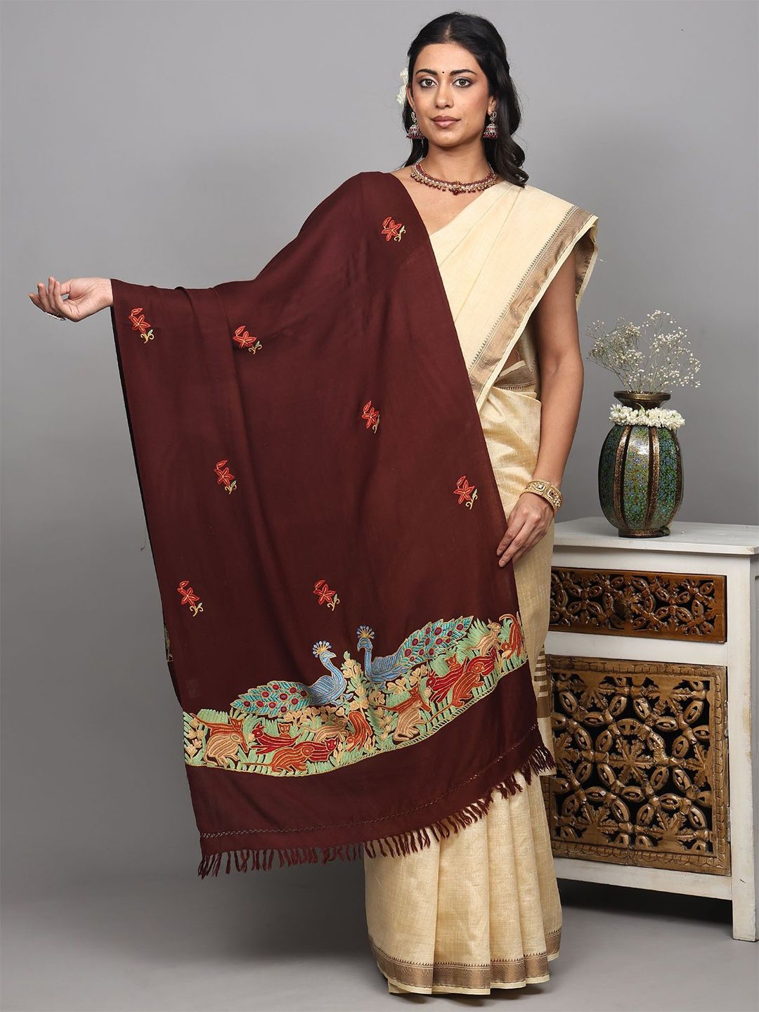 Exotic India Floral Aari Embroidered Shawl-picture-42