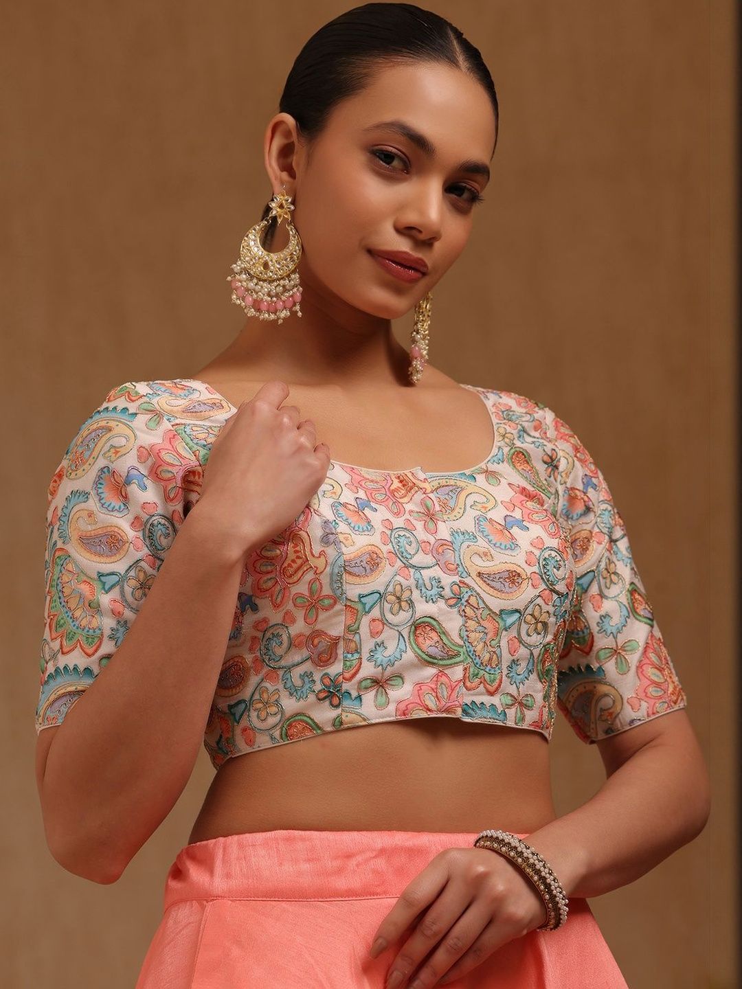 Soch Floral Printed Round Neck Padded Zari Saree Blouse-image-47