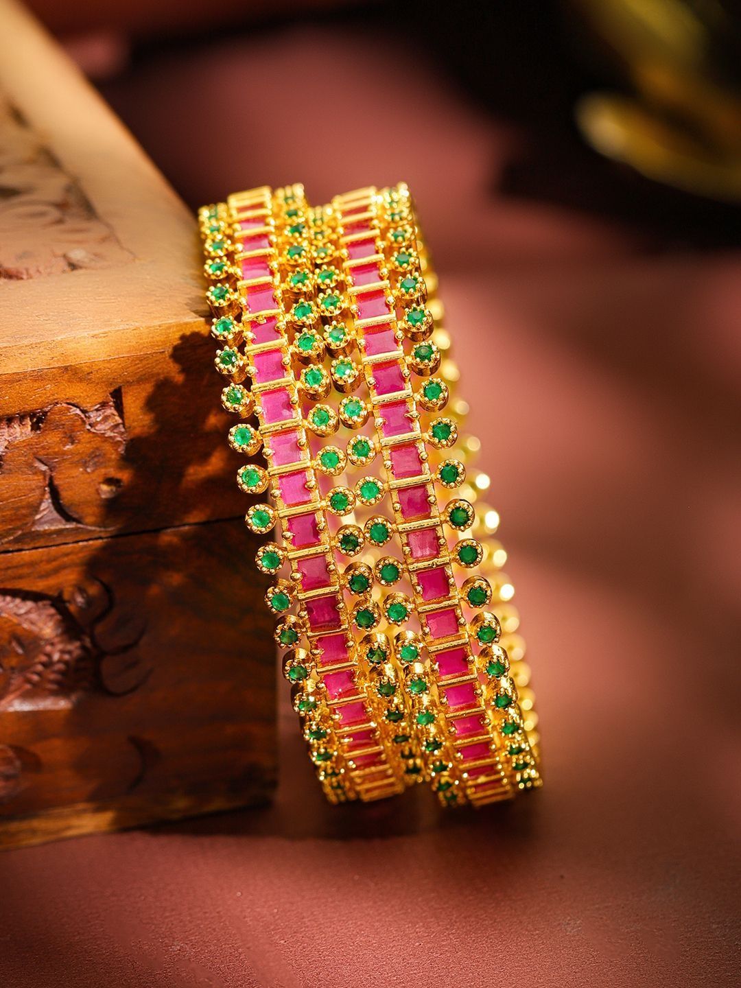 Rubans Set of 2 22K Gold-Plated Brass Ruby Pink & Emerald Green Stones Bangles-image-45