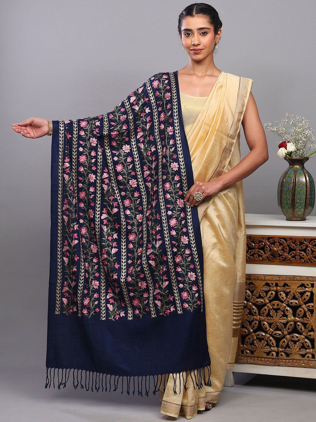 Exotic India Floral Aari Embroidered Shawl-picture-23