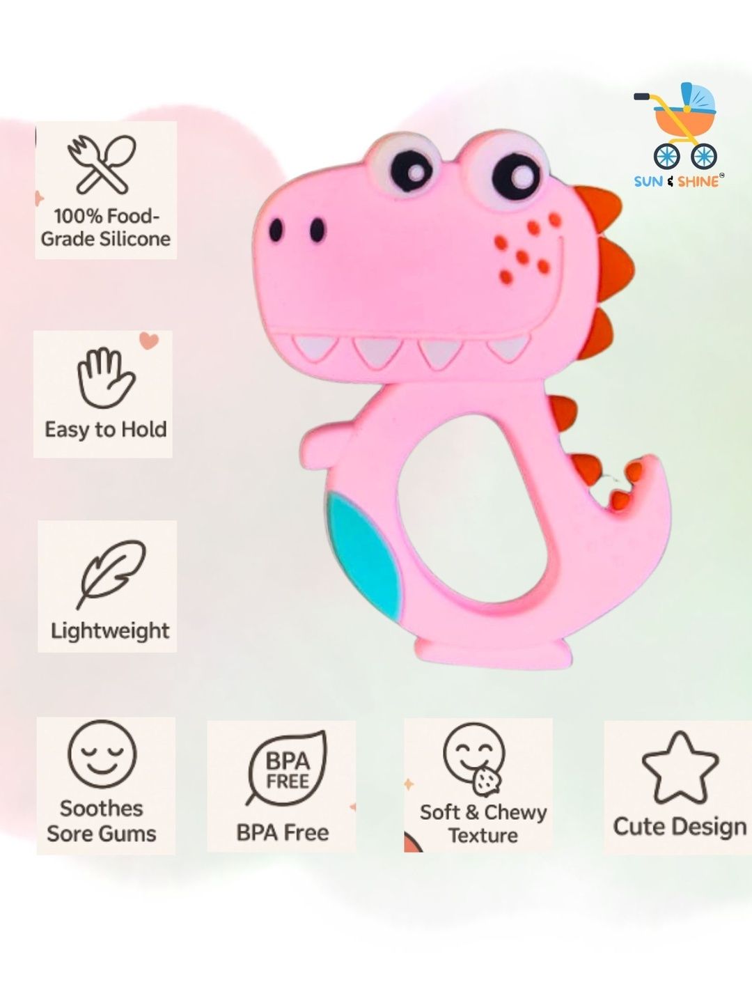 Sun & Shine Infants Pink & Red Nibble Rex Teether-picture-19